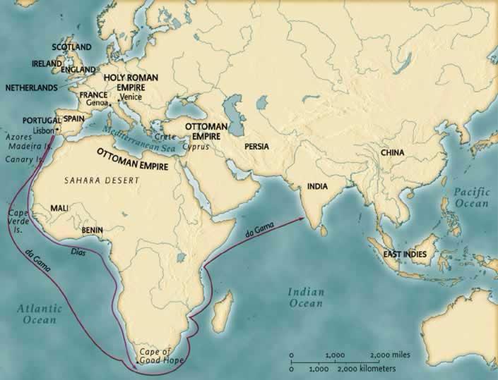 Then, in 1498, Vasco da Gama pushed farther East and finally reached India.