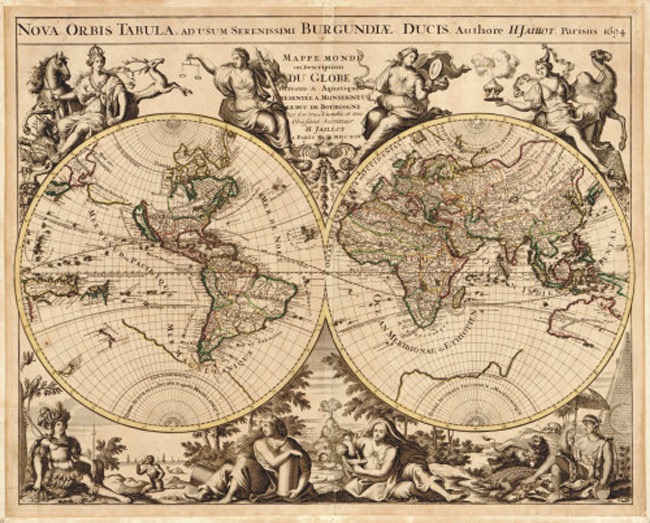 1000 piece puzzle-1732 Map World Mappe-monde Double hemispherical world  Map, showing routes of early explorers. Relief