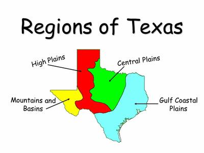 The Regions of Texas. The Mountains and Basins are on The far left.