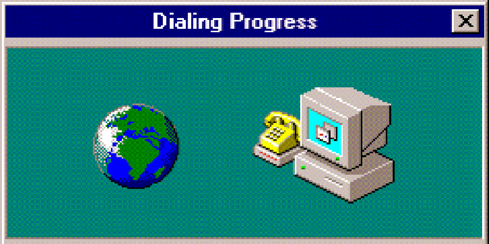low-bit graphic mimicking a prompt window from the early 1990s featuring a globe and a computer with an animated dotted line connecting them