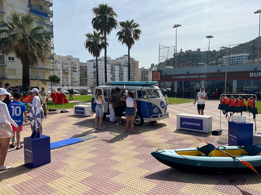 Decathlon branded summer van traveling across Spain