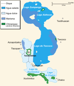 Mapa del Lago Texcoco en su conjunto con los lagos Xaltocan, Zumpango, Xochimilco y de Chalco. 