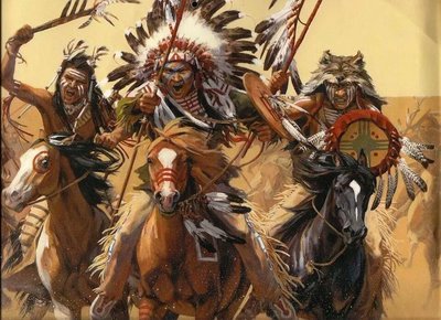 Some aggressive Native Americans charging angrily.