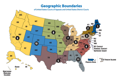 This map shows where the boundaries for each US Courts of Appeals are