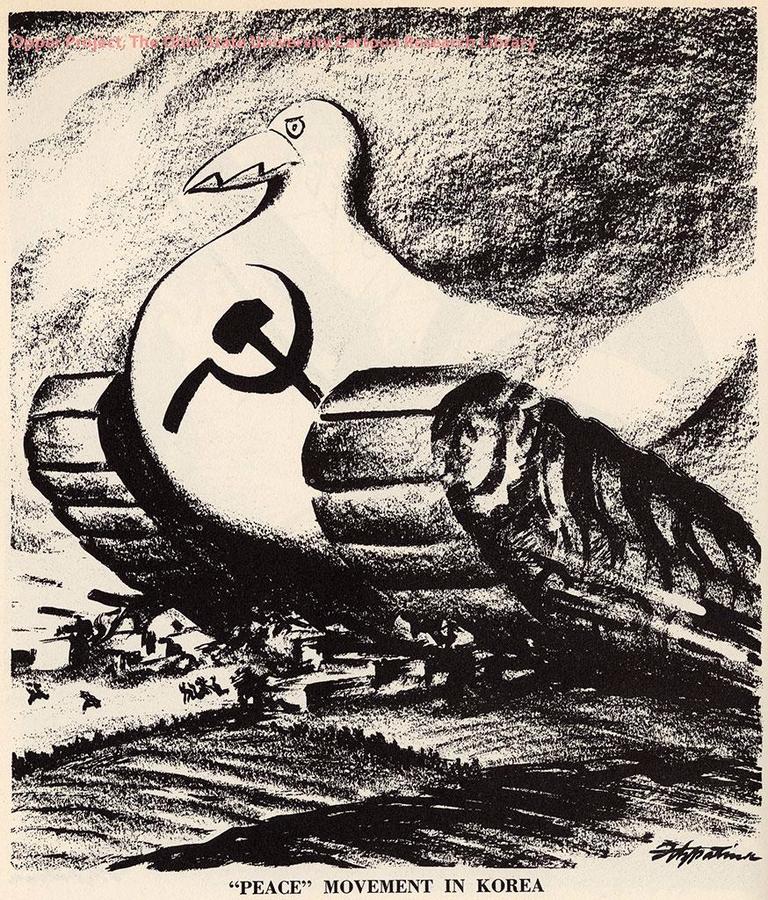 Peace movement. Движение Peace. Korean War political cartoon.