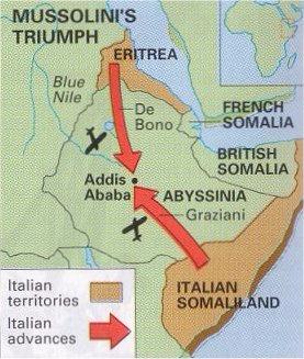 A map showing Italy's invasion of Ethiopia (Abyssinia) in 1935-1936.