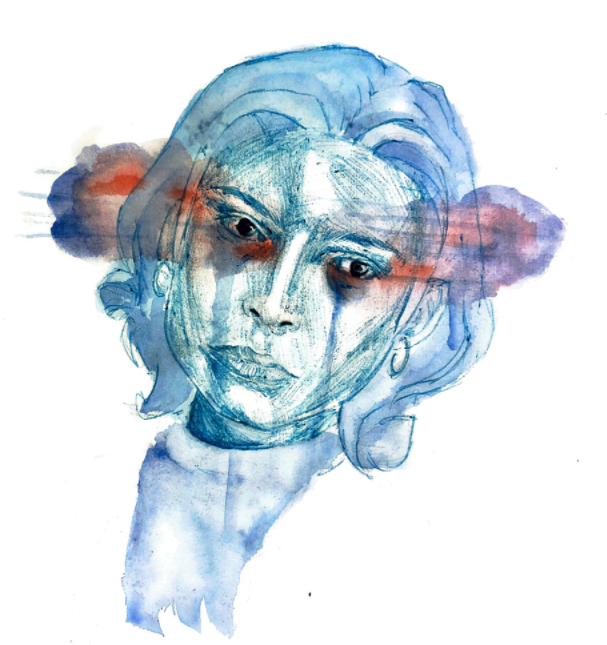 Created using blue biro and watercolours in the style of Tomas Mro.