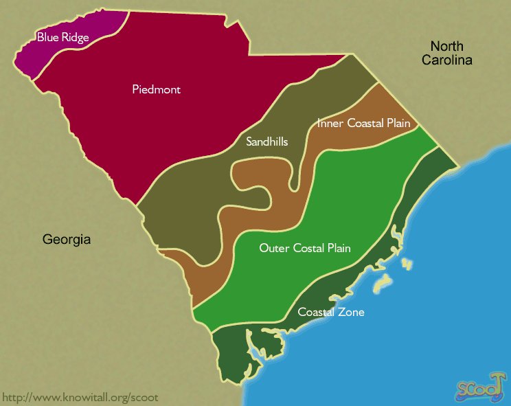 The six landform regions in South Carolina are the Blue Ridge