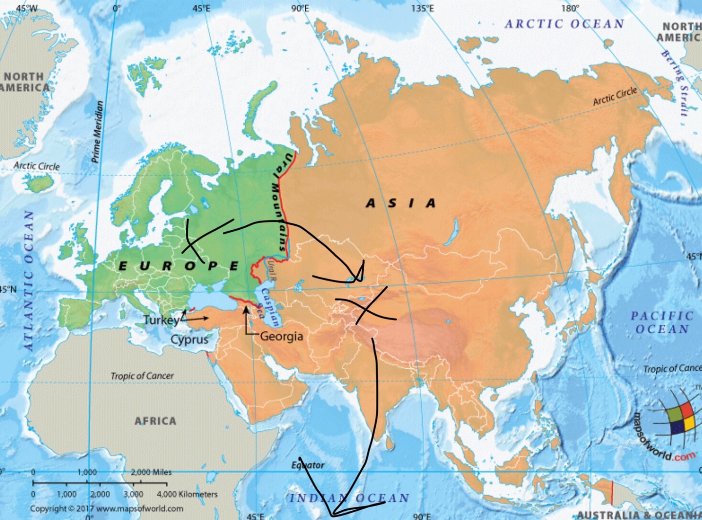 Граница Европы и Азии на политической карте России