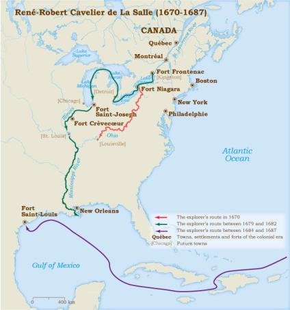 La Salle travelled in three different routes. Red=1670 Green= between ...