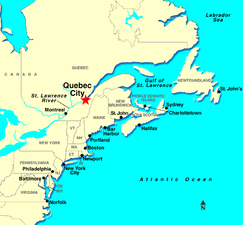 The star shows specifically where Quebec City is located.