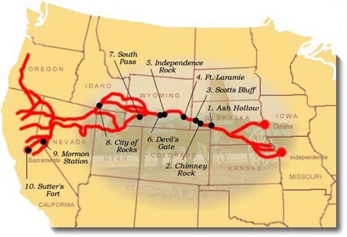 This map shows some of the many different routes used by settlers to ...