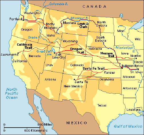 A map showing the routes to the west.