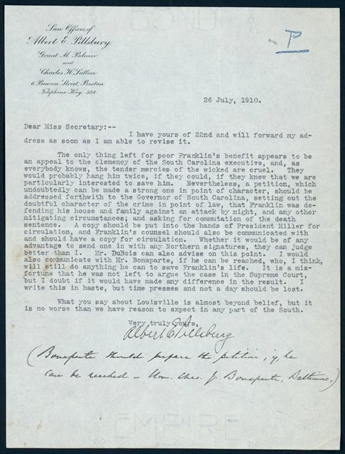 Albert Pillsbury to NAACP Secretary Mary White Ovington, July 26, 1910 ...