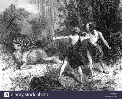 This Image Depicts Paleolithic Cavemen Hunting A Deer.