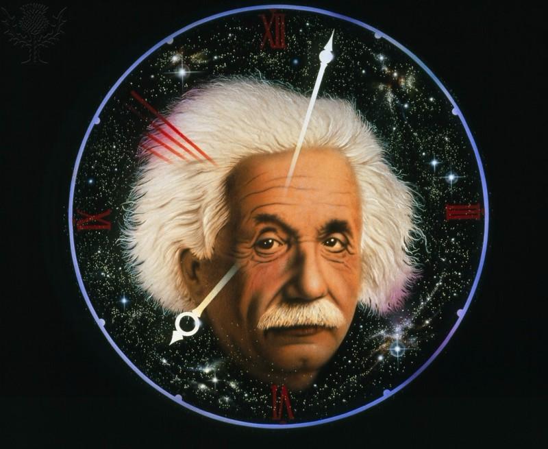 Artwork of Albert Einstein on a space clock. Photography. Encyclopædia