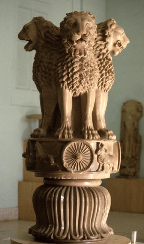 Lion capital. Polished Chunar sandstone; h. 7' (2.13 m). Ashoka column ...