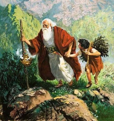 Isaac carries the wood of his own sacrifice up the mountain.