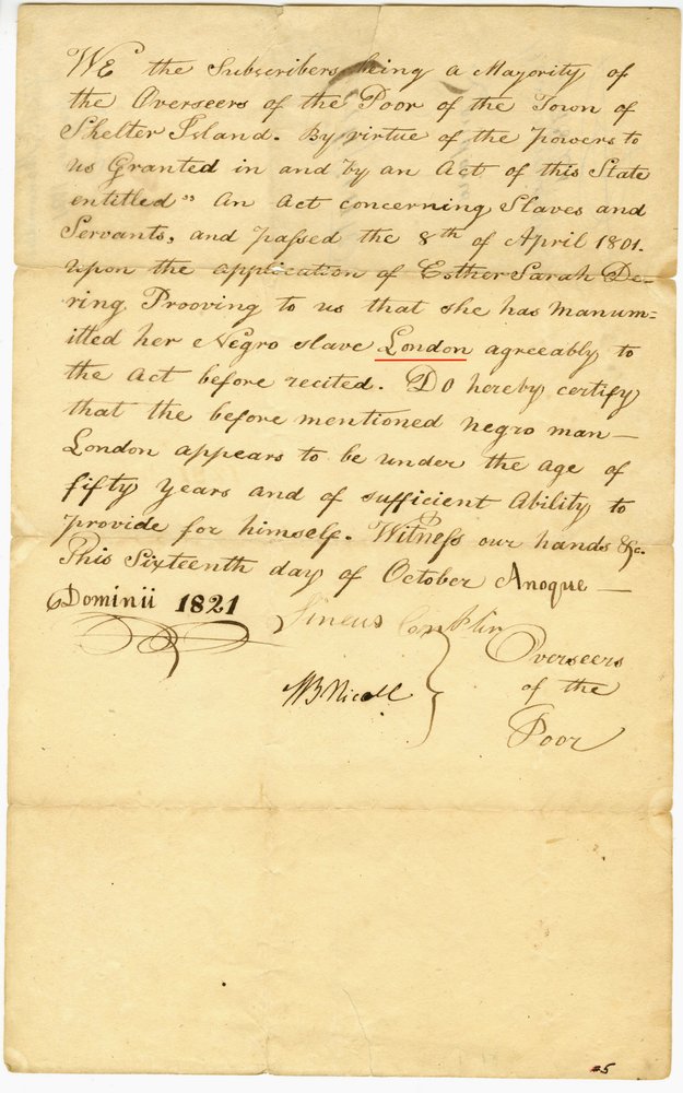 Manumission Document for London, 1821 [SIHS 1970.5]