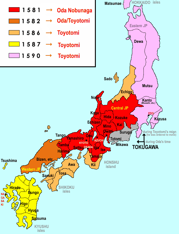 This map shows the boundaries of Japan under each ruler.