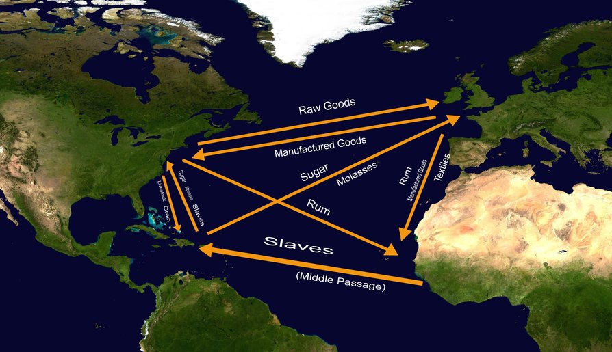 Map showing the major pathways of the triangular trade. Notice that the ...