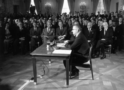 Lyndon B. Johnson giving his address to American leaders.