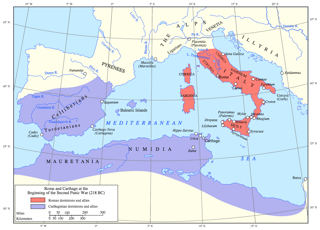 Map showing Rome and Carthage at the start of the Second Punic War and ...