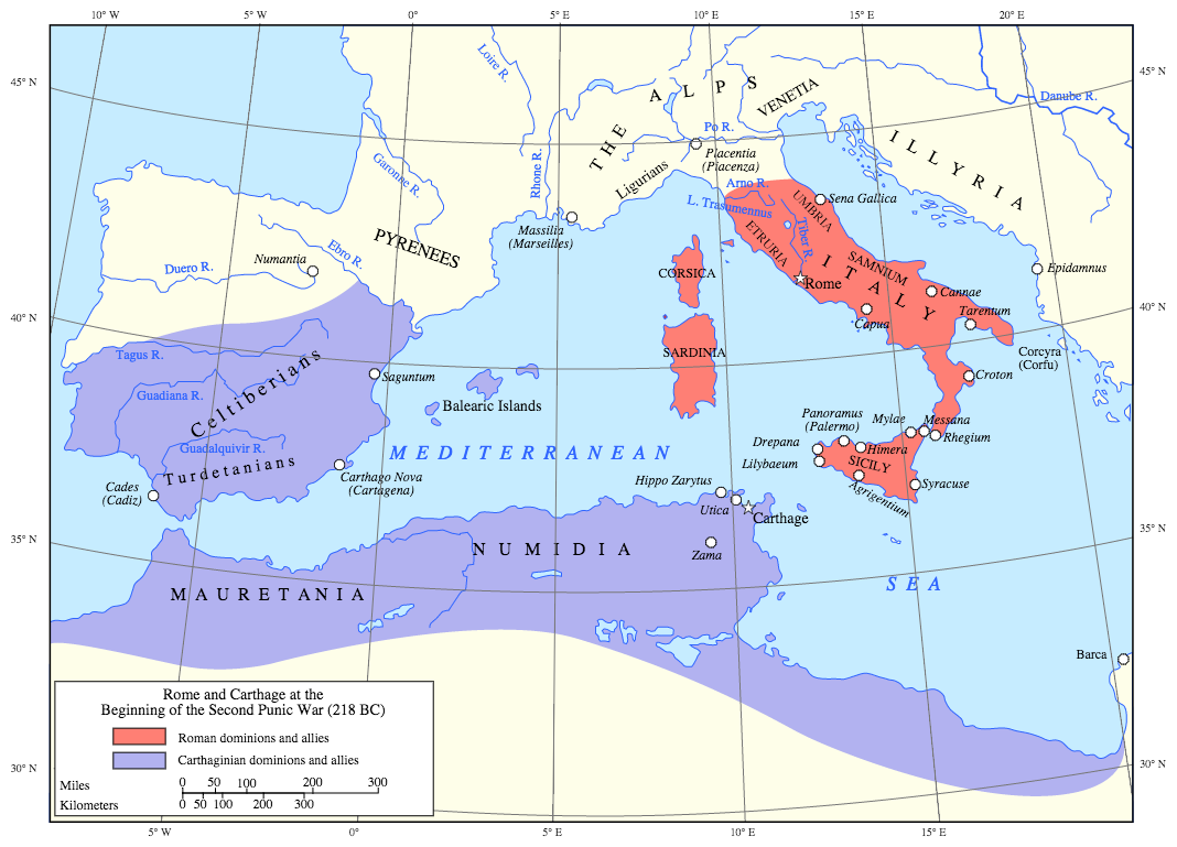 Map Showing Rome And Carthage At The Start Of The Second Punic War And   255ec286056714ea4a720048f89a60dc 