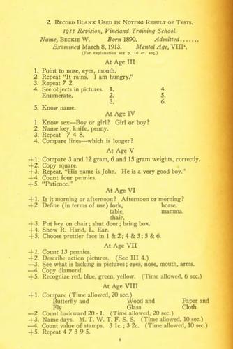 Sample Binet-Simon scale questions (Kite, n.d. p. 8).