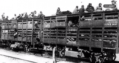 Armenians being shipped away in cattle cars.