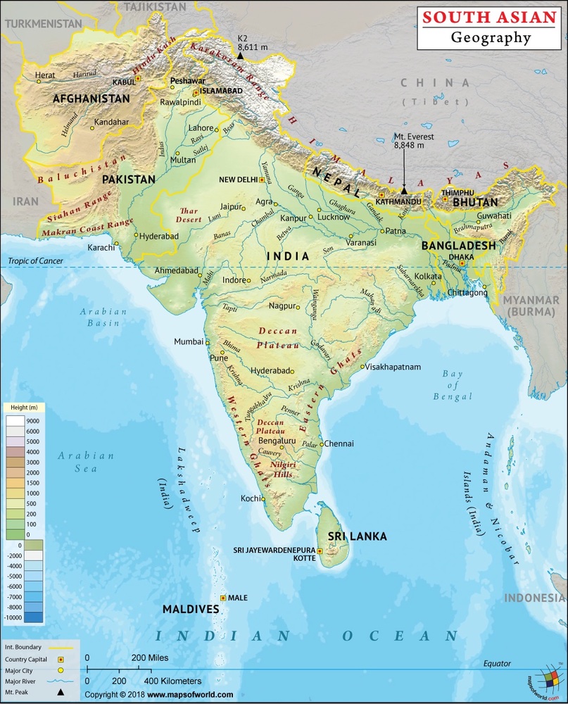 South Asia geography map showing mountain peaks, rivers, capitals, and ...