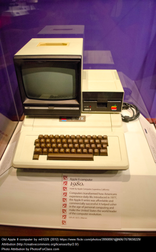 The Apple II with color graphics, and the new Apple logo.