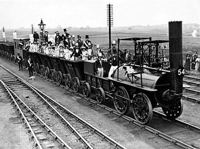 First railroad line built in England.