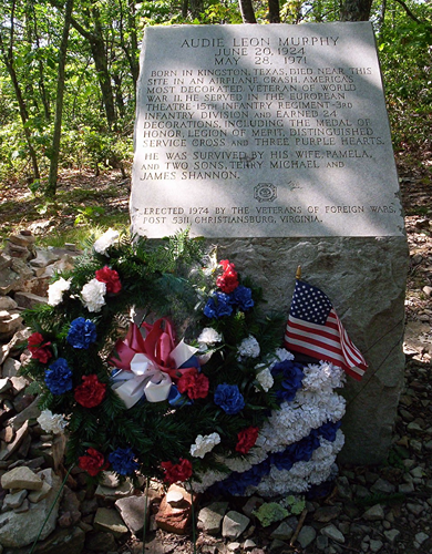 Monument at the site of the Virginia plane crash in which Audie Murphy ...