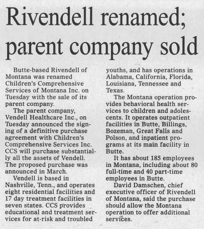 June 1997 – Rivendell sold and renamed Children’s Comprehensive Services