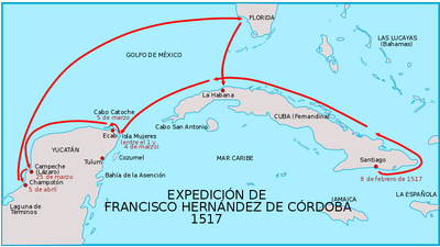Mapa de la Primera Expedición a México desde Cuba (1517) comandada por Francisco Hernández de Córdoba.