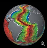This image shows the newer crust as red and the older crust as blue ...