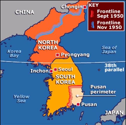 This picture shows where is the 38th parallel and how is Korean Peninsula divided.