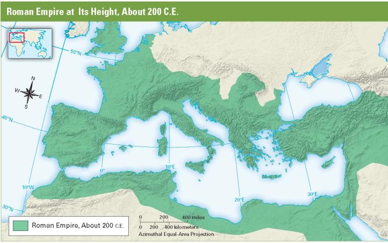 200 CE The Roman Empire reaches its maximum extent (largest size)