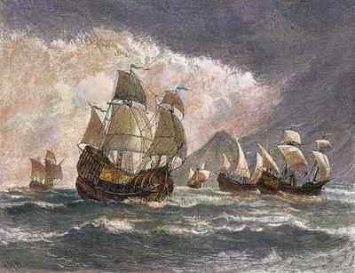 The Armada de Molucca fleet in the start of the two month long storm