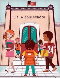 Cartoon of students outside a middle school.