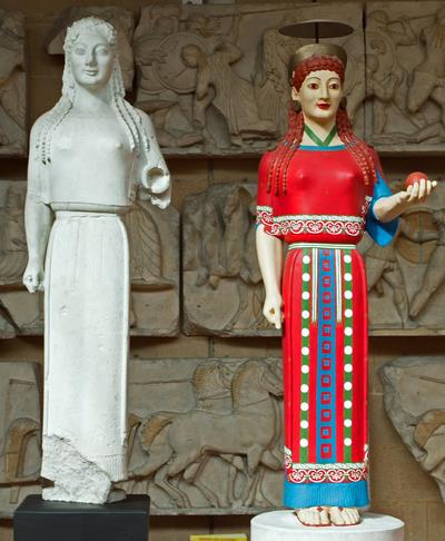 Peplos Kore and cast reconstruction of the original, from the Acropolis ...