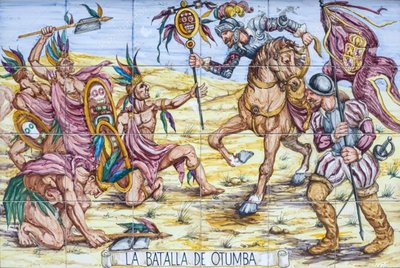 Azulejo situado en Badajoz (España) que rememora la victoria de Hernán Cortés en Otumba.