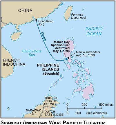 Map of the Spanish-American War in the Pacific and location of Manila