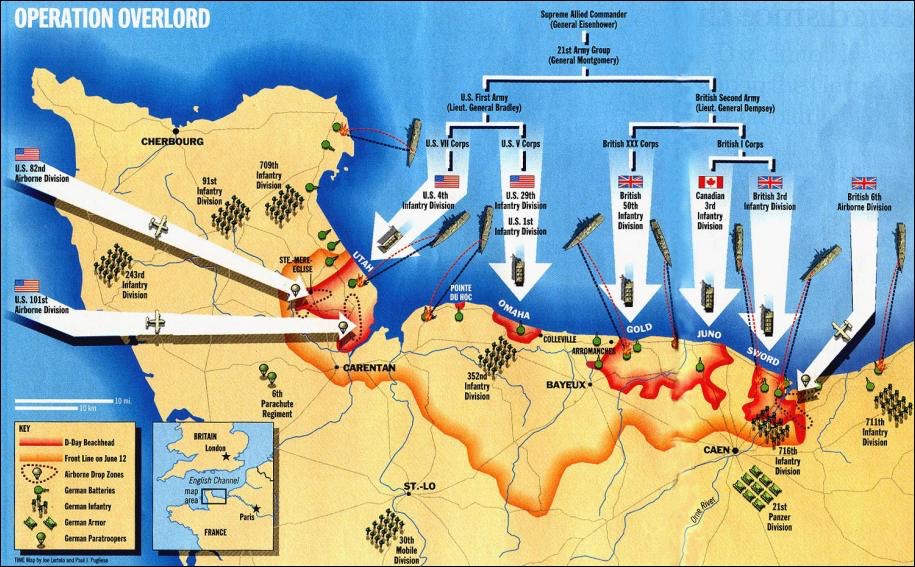 Map of Allied Forces invading Normandy.