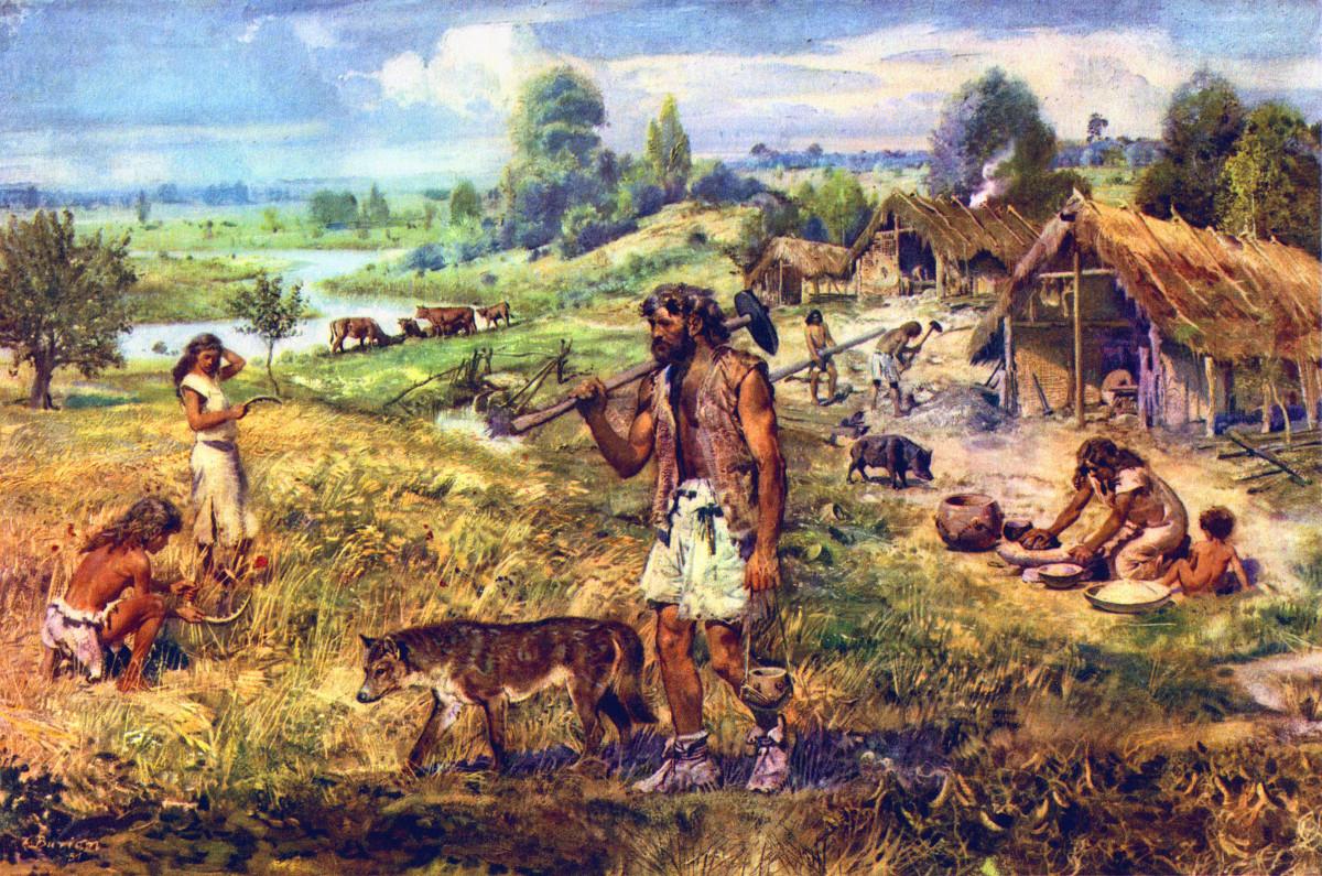 Neolithic Settlement. Illustration by Zdeněk Burian