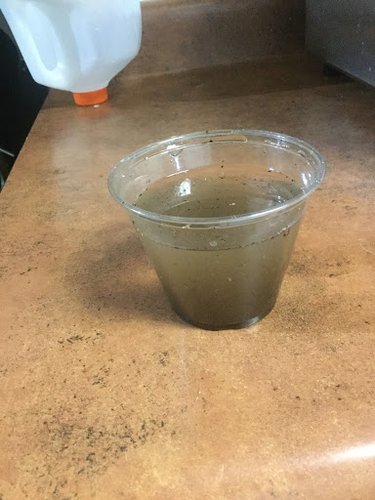 Mud water after aeration, placed in plastic cup for demonstration purposes.
