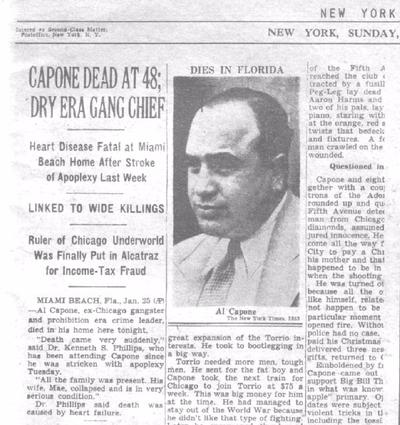 Official newspaper showing Al Capones' death in 1947