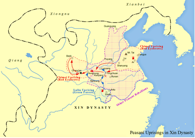 A map of peasant uprisings in the Xin Dynasty. The red lines show ...