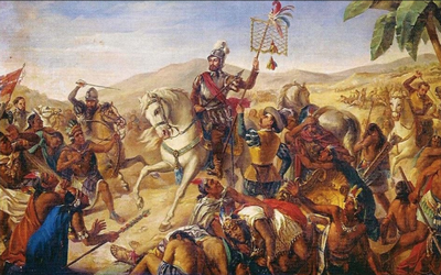 Pintura representativa de la Batalla de Centla entre Españoles y Mayas - Chontales (1519). Anónimo, siglo XVII. 